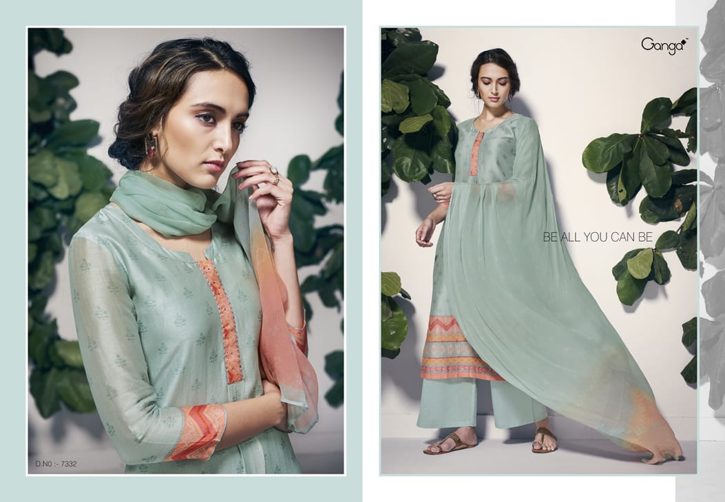 Ganga Camellia Designer Kora Silk Printed Suits Wholesale