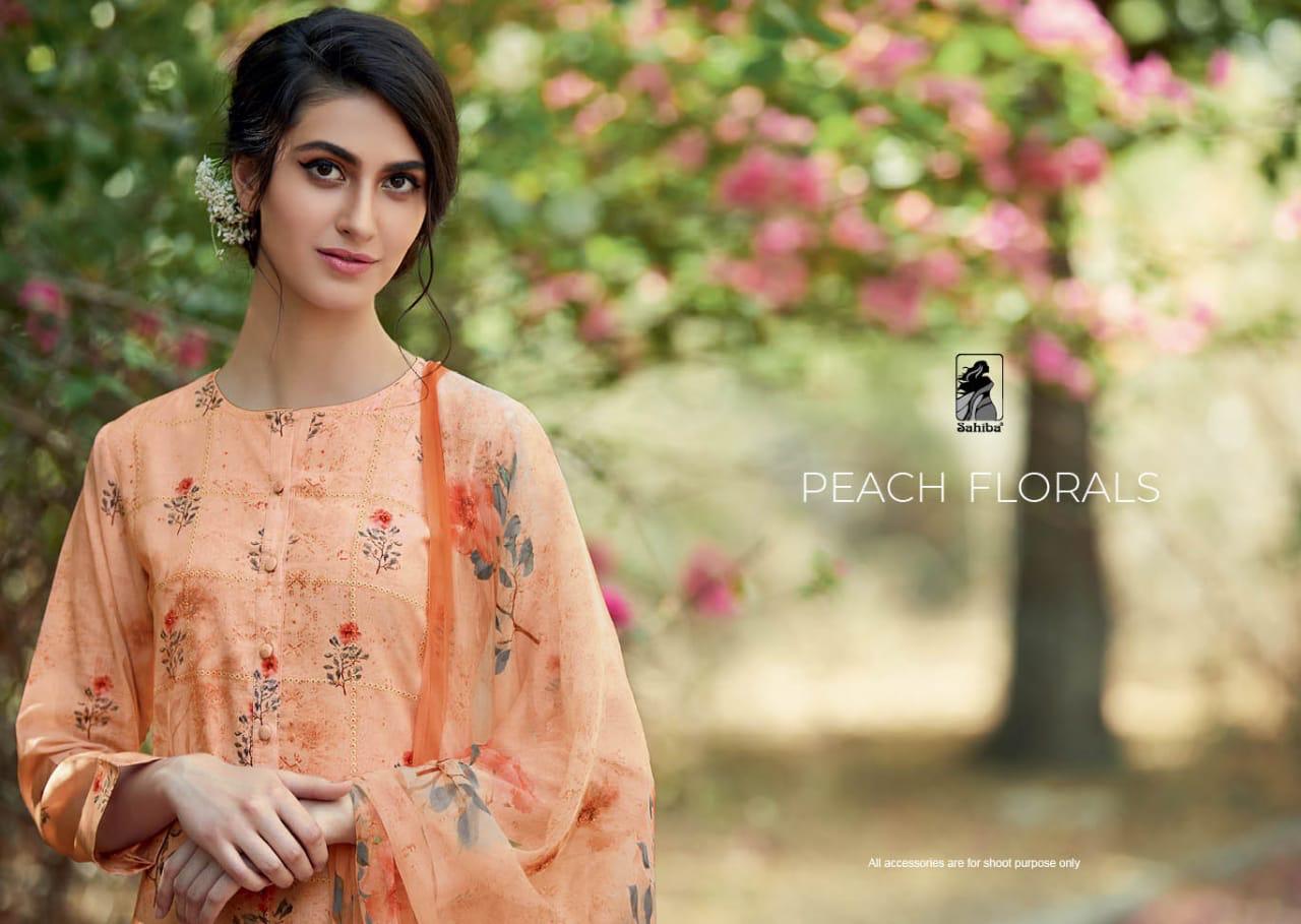 Sahiba Peach Florals Designer Cambric Emb Suits Wholesale