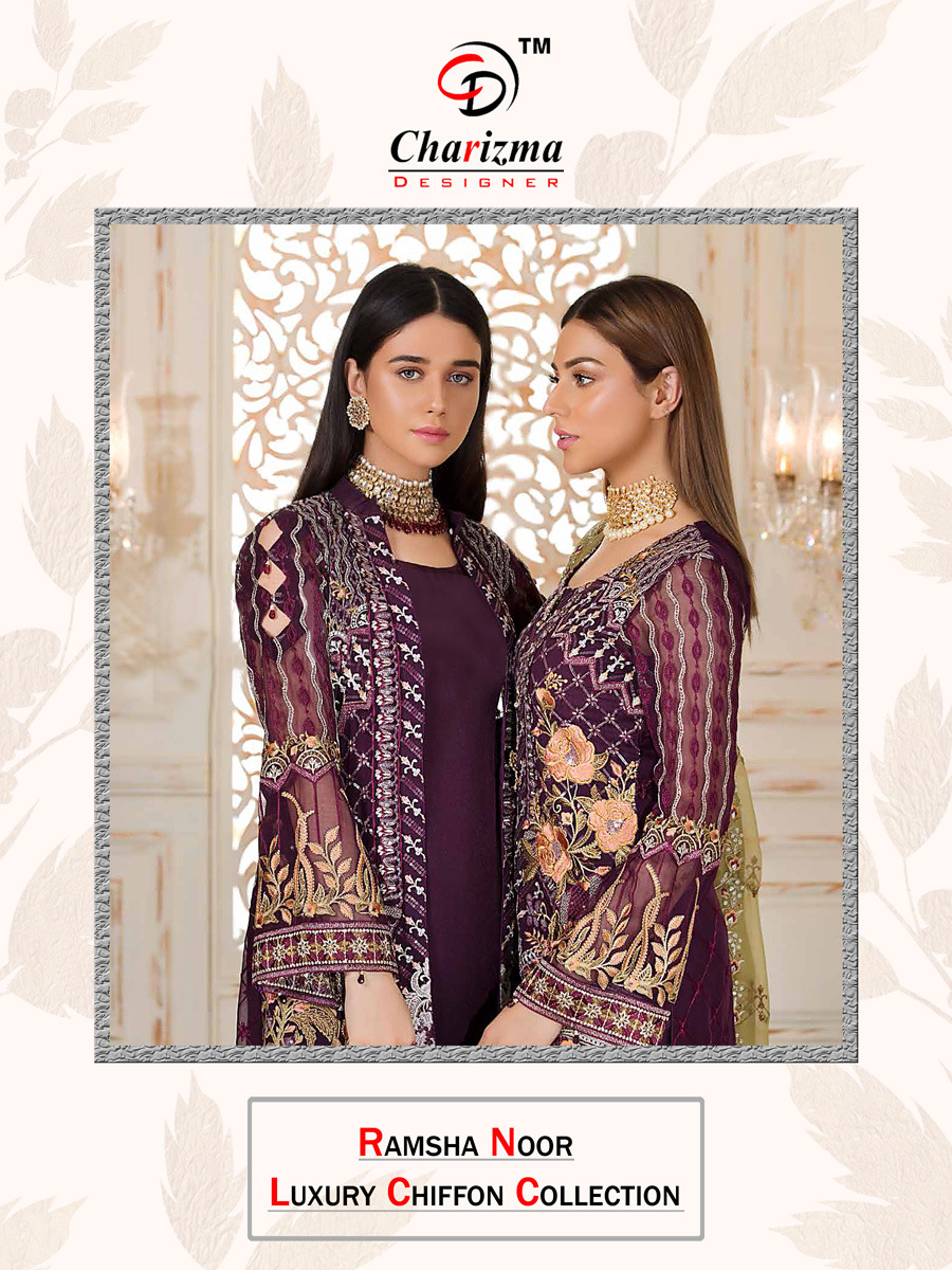 Charizma Ramsha Noor Designer Faux Georgette And Net Heavy Embroidery Pakistani Replica Suits Wholesale