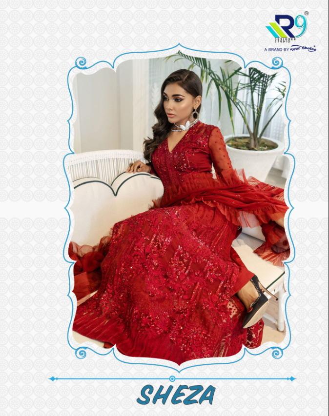 R9 Brand Sheza Designer Net With Heavy Embroidery Work Festival And Wedding Wear Suits In Best Wholesale Rate