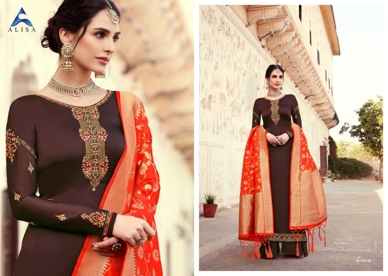 Alisa Amira Vol 13 Designer Heavy Work With Satin Georgette & Banarasi Jacquard Fancy Dupatta Wedding Wear Suits In Best Wholesale Rate