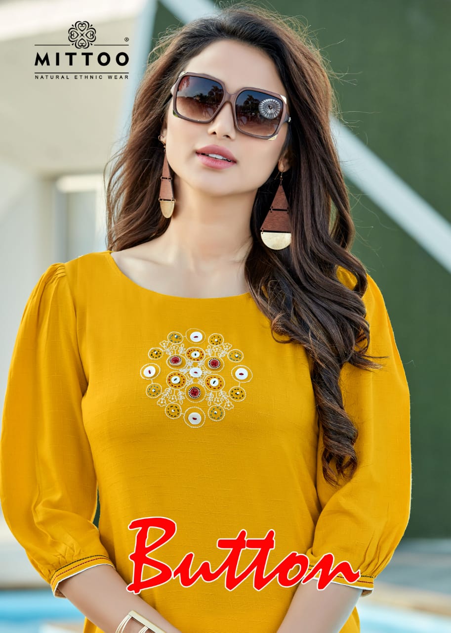 Mittoo Button Designer Embroidery Work Rayon Stitch Daily Wear Kurtis In Best Wholesale Rate