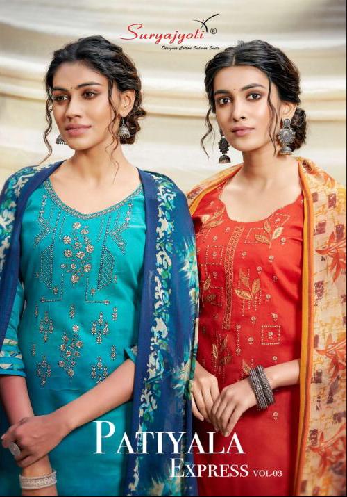 Suryajyoti Patiyala Express Vol 3 Designer Cotton Printed & Neck Embroiderd Daily Wear Suits In Best Wholesale Rate