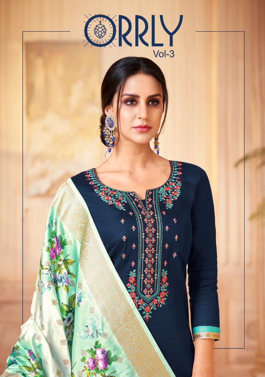 Orrly Vol 3 Designer Jam Satin Cotton With Embroidery Work & Banarasi Dupatta Festival Wear Suits In Best Wholesale Rate
