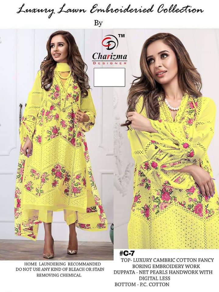 Charizma Designer Cambric Cotton With Embroidery And  Boring Work Suits Singkes