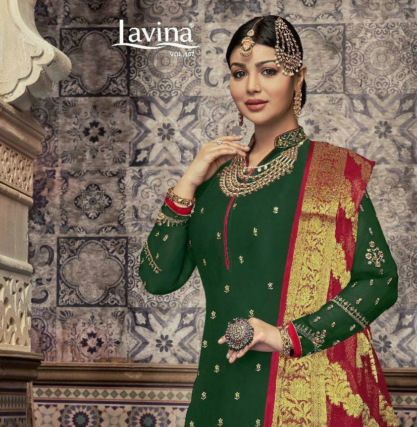 Lavina Vol 107 Superhit Collection Deisgner Top Satin Georgette With Embroidery Work Suits Wholesale