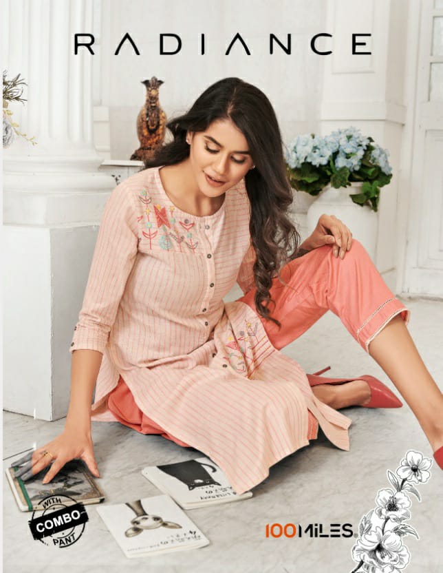 100 Miles Radiance Designer Cotton Embroiderd Kurti With Pant Wholesale