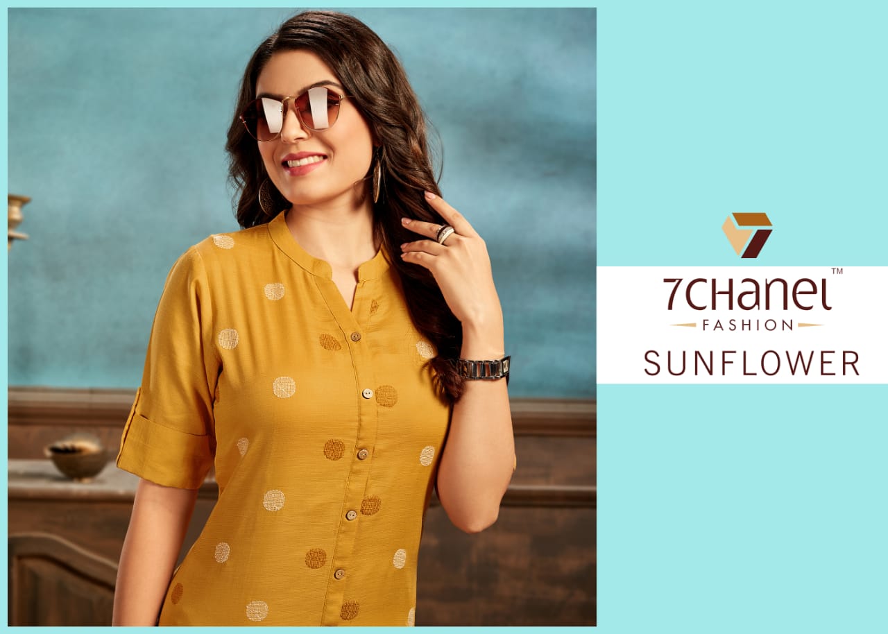 7 Chanel Sunflower Designer Cotton Fancy Embroidery Work Kurtis Wholesale