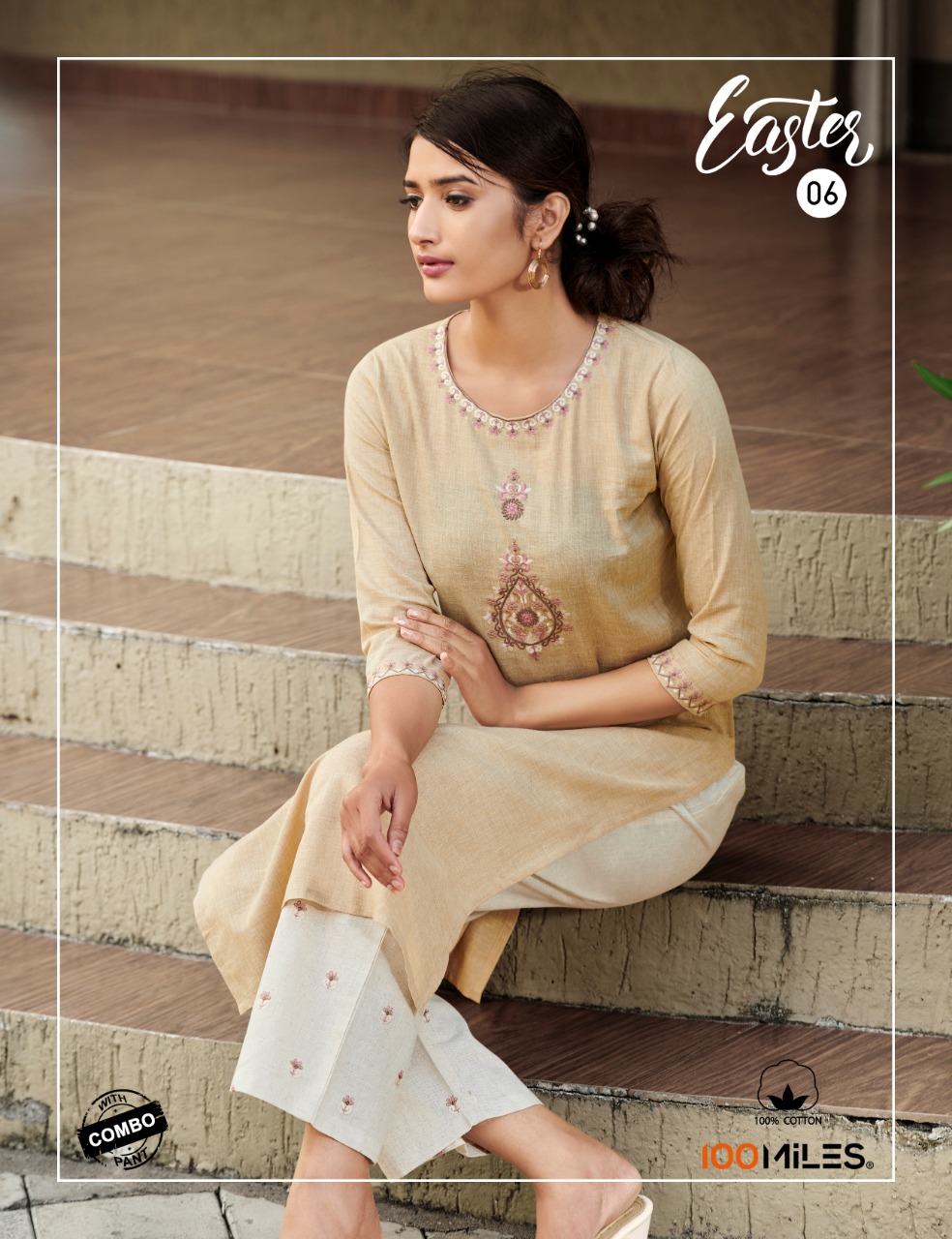 100 Miles Easter Designer Cotton Linen Embroidery Kurti With Pant Wholesale