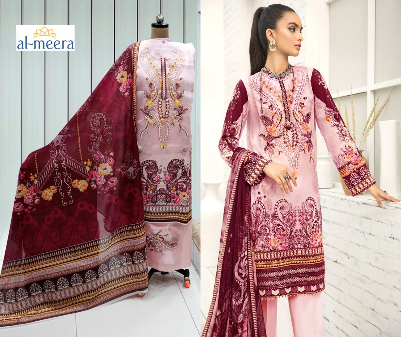 Al Meera 1209 Crimson Designer Luxury Lawn With Embroidery Work Suits Wholesale