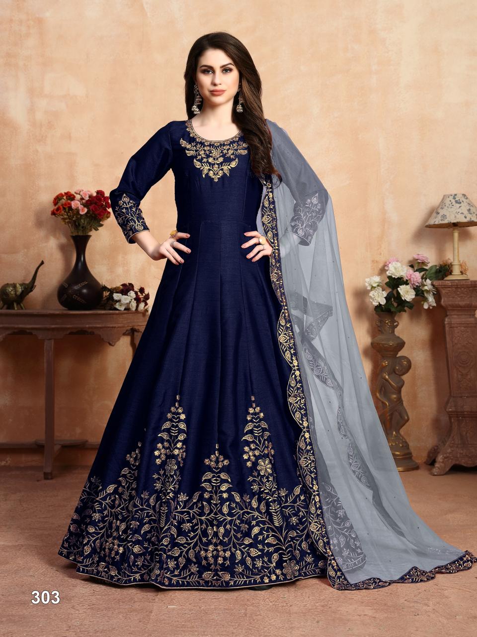 Aanaya 103000 Designer Art Silk Embroidery Work Unstitched Long Partywear Gown With Net Dupatta Wholesale