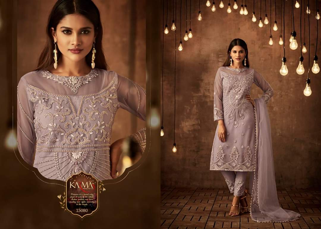 Karma 15080 And 15077 Designer Partywear Wear Embroidery Pearl Work And Stone Work Suits In Single