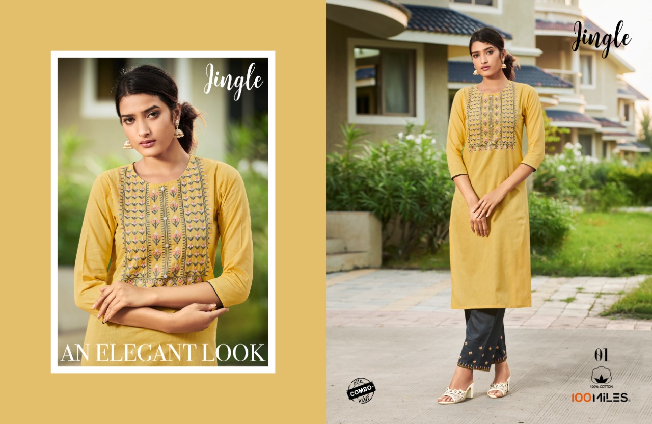 100 Miles Jingle With Bottom Combo Designer Cotton Embroiderd Kurti With Pant Wholesale