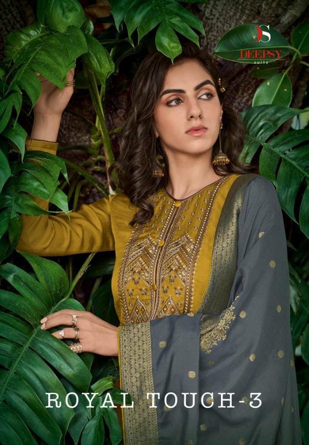 Deepsy Suit Royal Touch 3 Designer Mini Silk Self Embroidery Work Suit With Four Side Lace Tussar Dupatta Wholesale