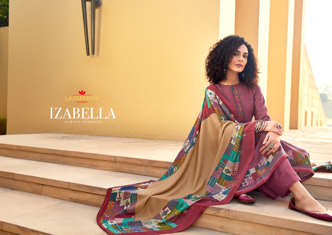 Laxmimaya Silk Mills Izabela Pure Twill Pashmina Digital Print With Fancy Embroidery Work Suits Wholesale