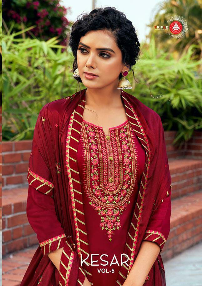 Tripal Aaa Kesar Vol 5 Designer Jam Silk Embroidery Work Suits Wholesale