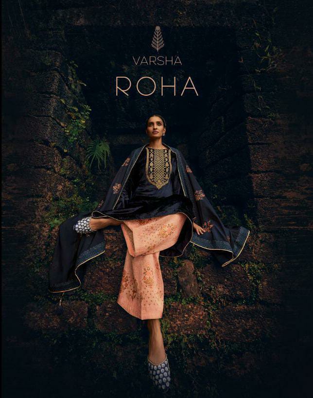 Varsha Roha Designer Pure Velvet With Coding Embroidery Suit With Chinon Embroiderd Dupatta Wholesale