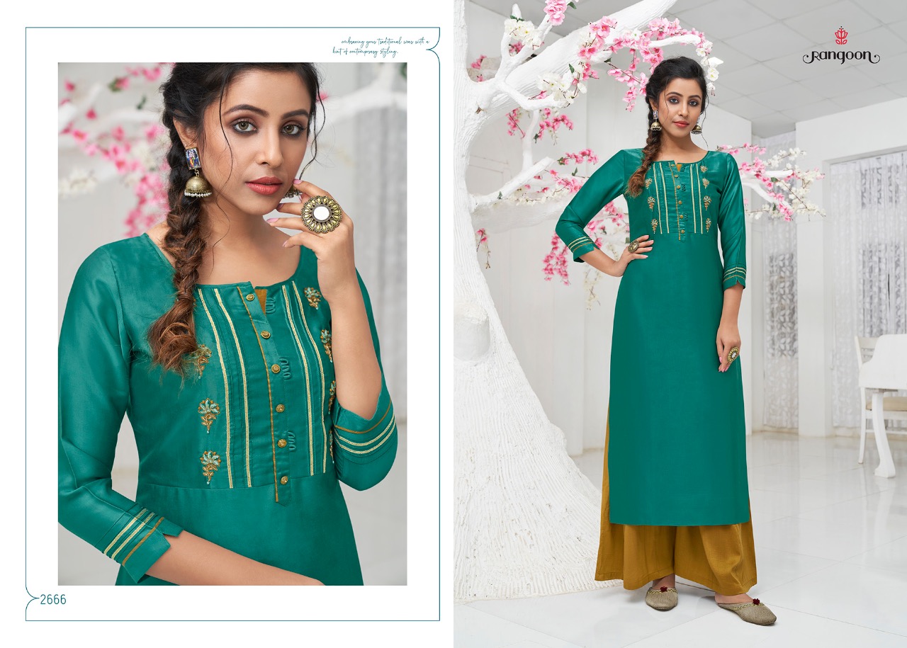 Kessi Rangoon Rich Look Designer Hand Work With Russian Silk Satin Kurtis & Chinon Silk Plazo In Festival Wear Collection In Best Wholesale Rate