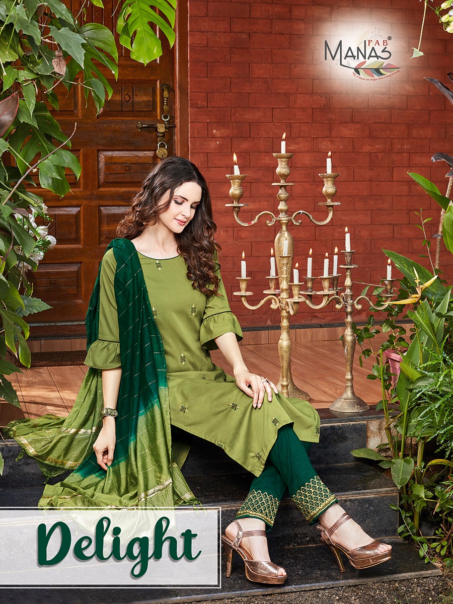 Manas Fab Delight Chinon Silk With Embroidery Work Stitch Suits Wholesale