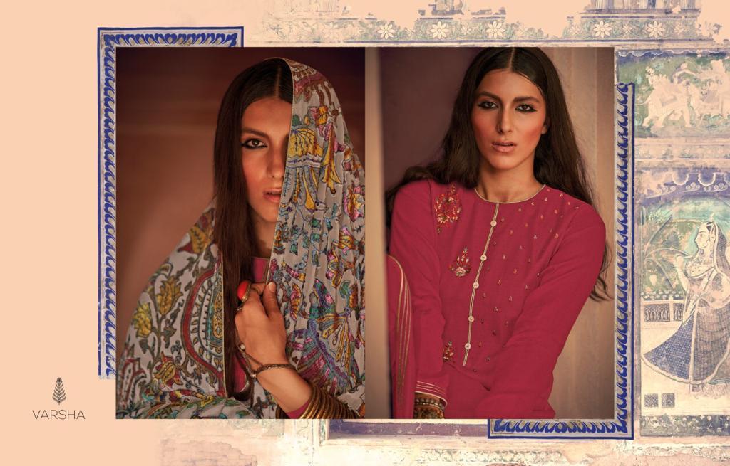 Varsha Hiraeth Designer Silk Pashmina With Embroidery Work Suits Wholesale