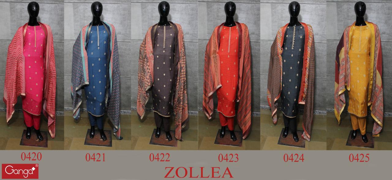 Ganga Zollea 420-425 Pure Bemberg Silk Jacquard Embroidery Suits Wholesale