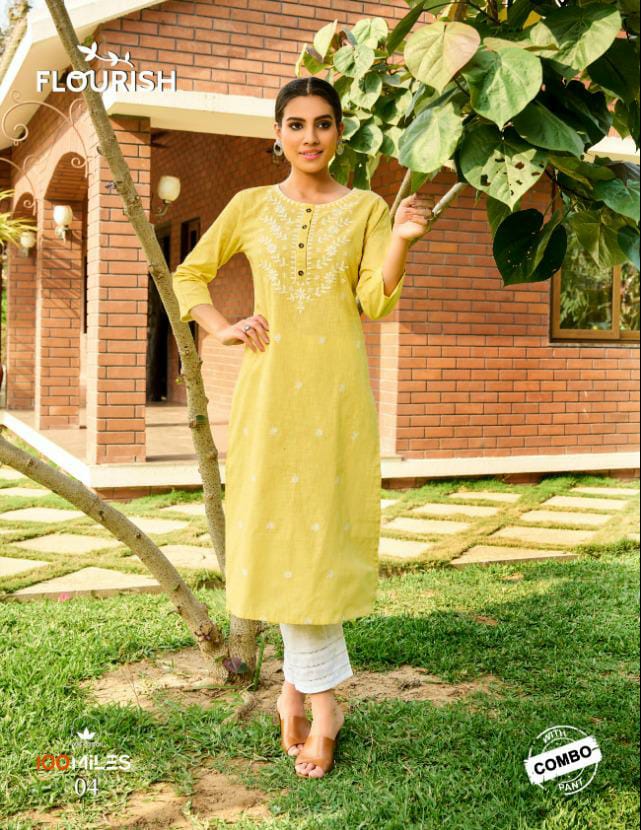100 Miles Flourish With Bottom Combo Designer Cotton Embroidery Kurti With Pant With Lace In Best Wholesale Rate