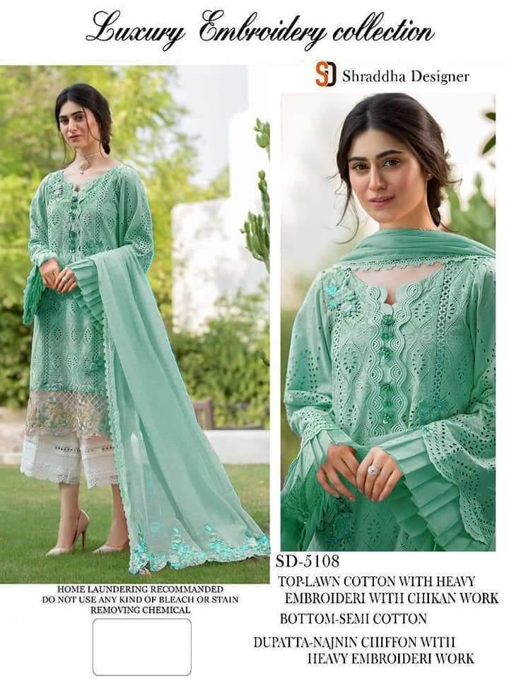 Shraddha Designer Sd 5108 Designer Cambric Cotton With Chicken Work And Embroidery Work Pakistani Pattern Low Range Partywear Suits Singles Wholesale