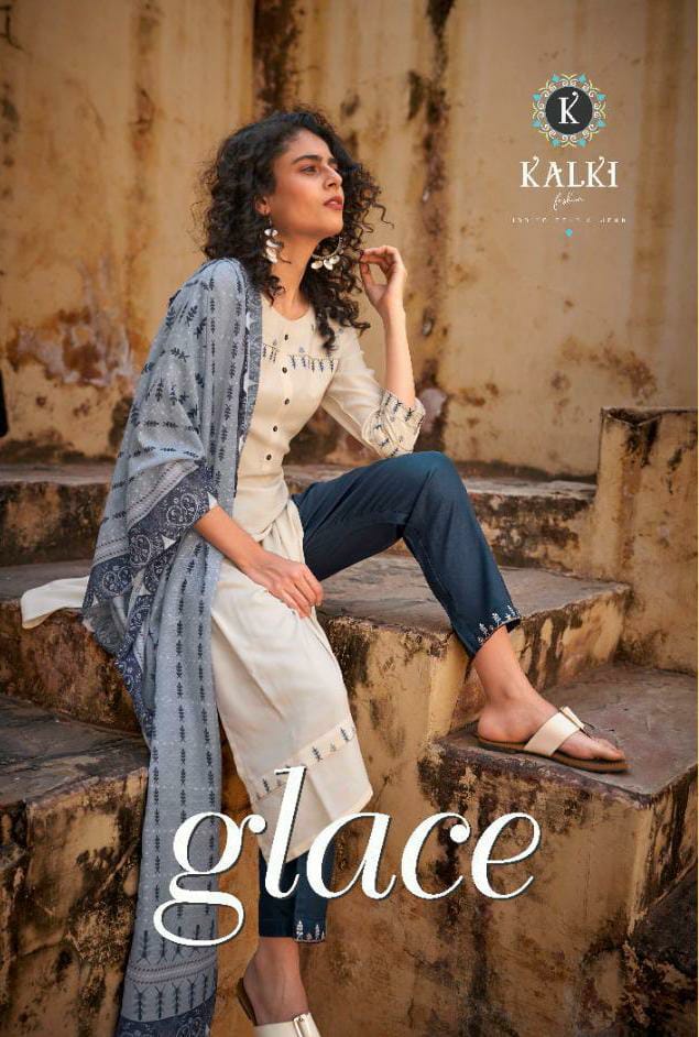 Kalki Fashion Galce Designer Rayon Embroidery Kathawork Top With Bottom And Cotton Silk Fancy Digital Printed Dupatta Wholesale