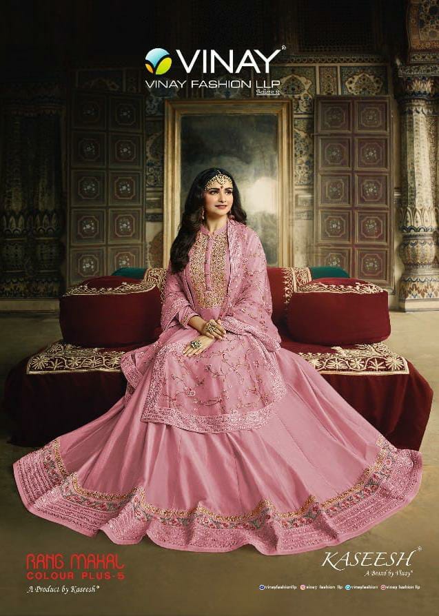 Vinay Fashion Rang Mahal Colour Vol 5 Designer Dola Silk With Net Dupatta Unstitched Gowns Wholesale