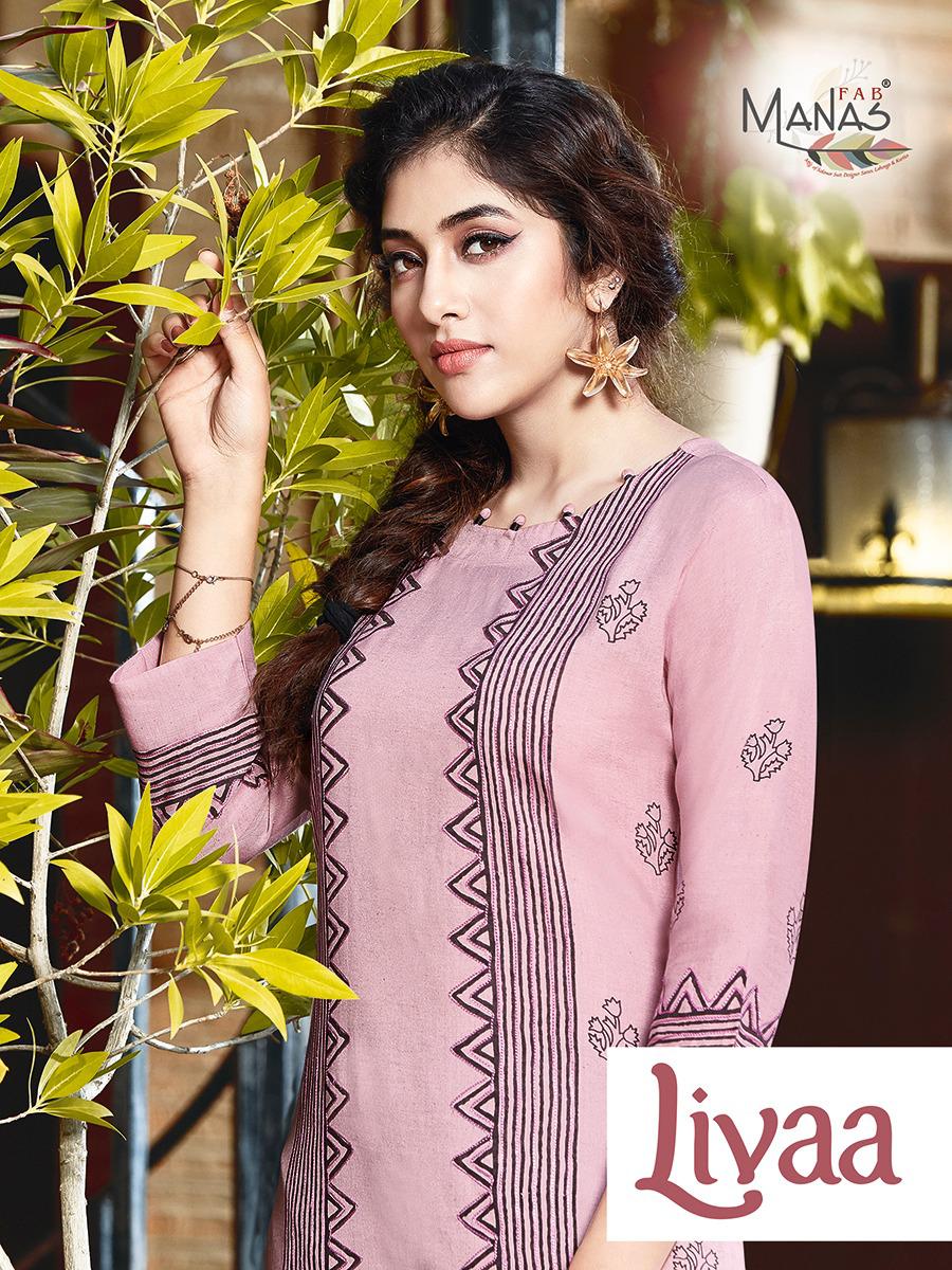 Manas Livaa Designer Designer Viscose Linen Print With Aari Work Kurti With Khadi Cotton Pant Wholesale