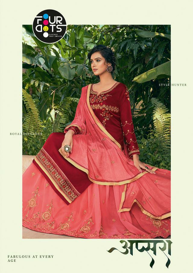 Fourdots Apsara Designer Modal Satin Embroidery Work Sequence Work Ghaghra And Bottom Two In One Heavy Partywear Suits Wholesale