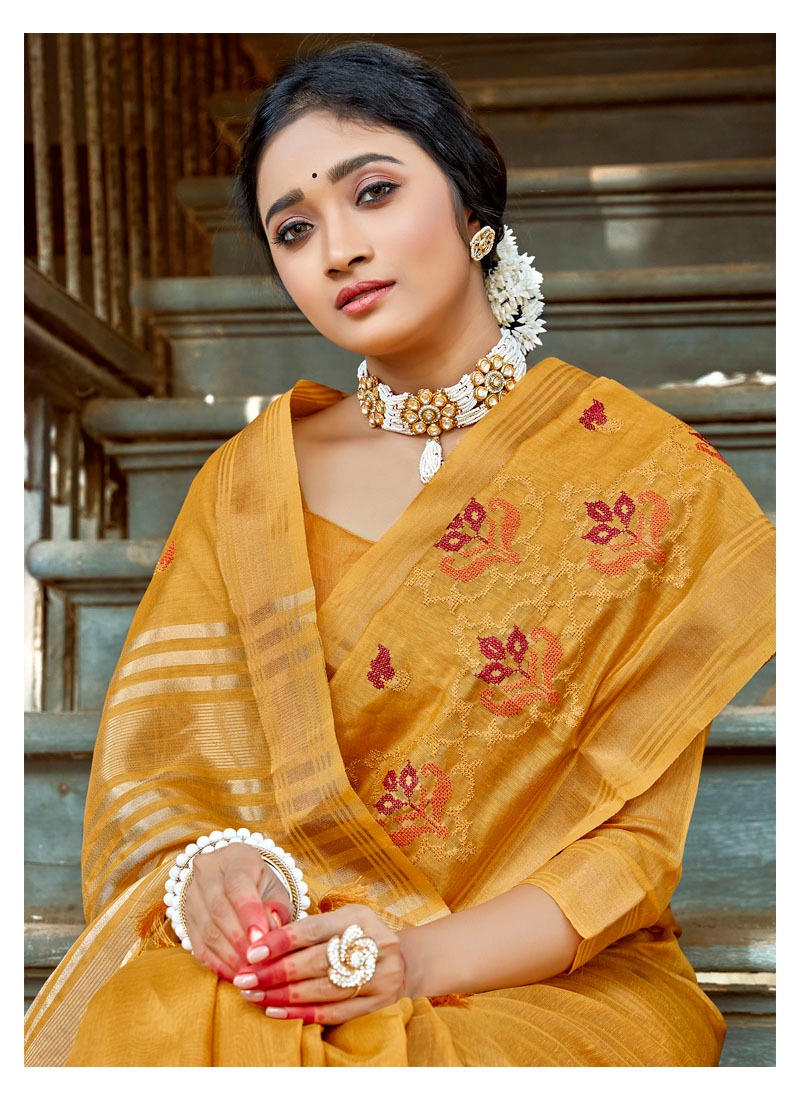 Lifestyle Damini Designer Linen Silk Cotton Silk With Embroidery Work Sarees Wholesale