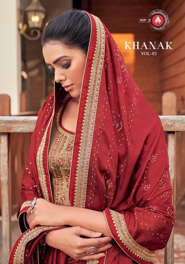 Triple Aaa Khanak Vol 3 Designer Embroidery Work With Jam Silk Suits In Best Wholesale Rate