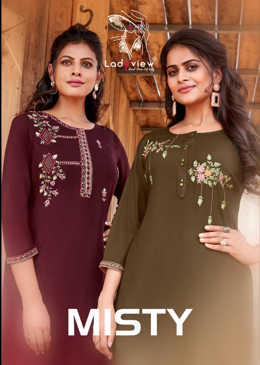 Ladyview Misty Designer Embroidery Work With Rayon Stitch Outdoor Wear Kurtis In Best Wholesale Rate