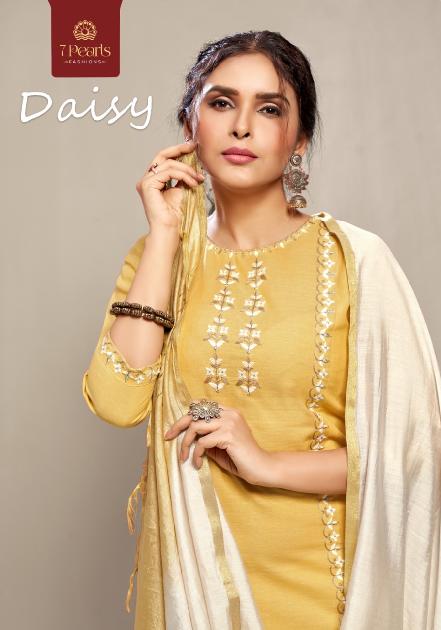 7 Pearls Daisy Designer Stitch Pure Cotton Print With Embroidery Work Kurti With Pant And Dupatta In Best Wholesale Rate