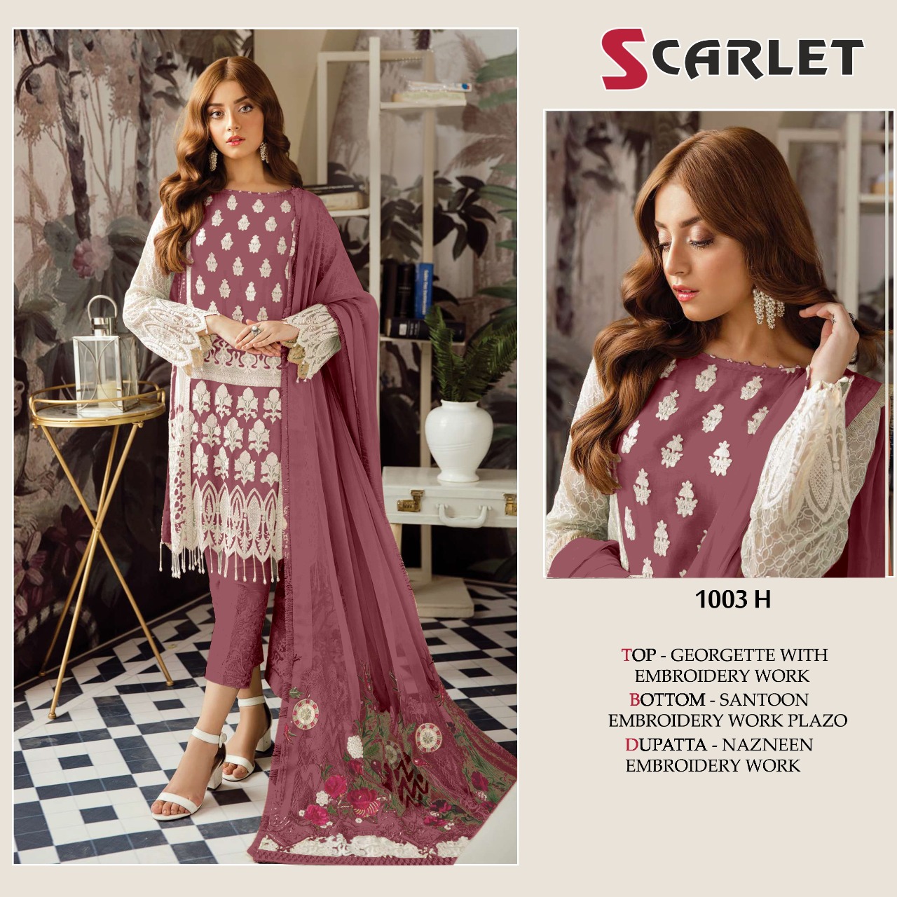 Scarlet 1003 Colors Designer Georgette Embroidery Work Pakistani Pattern Suits In Singles