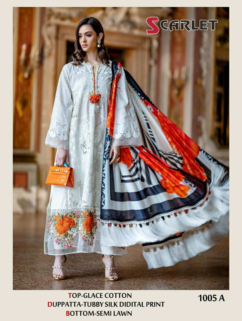 Scarlet 1005 A Designer Glace Cotton With Embroidery Work Pakistani Pattern Suits In Singles
