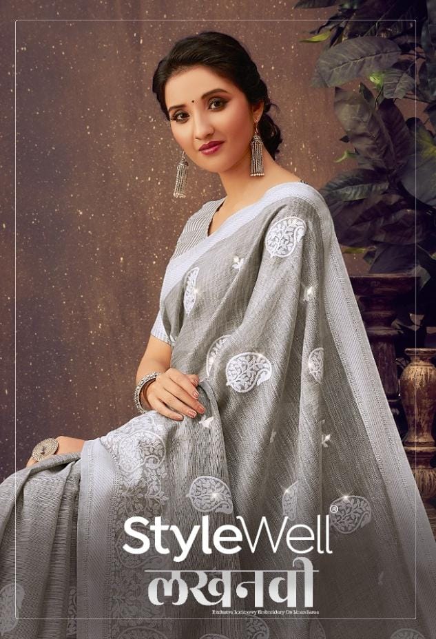 Stylewell Lucknowi Jacquard Linen With Lucknowi Embroidery Work Pretty Partywear Sarees Wholesale