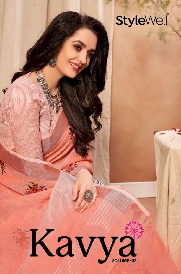 Stylewell Kavya Vol 3 Designer Linen Cotton Sari Zari Pallu Embroidery Work Sarees Wholesale