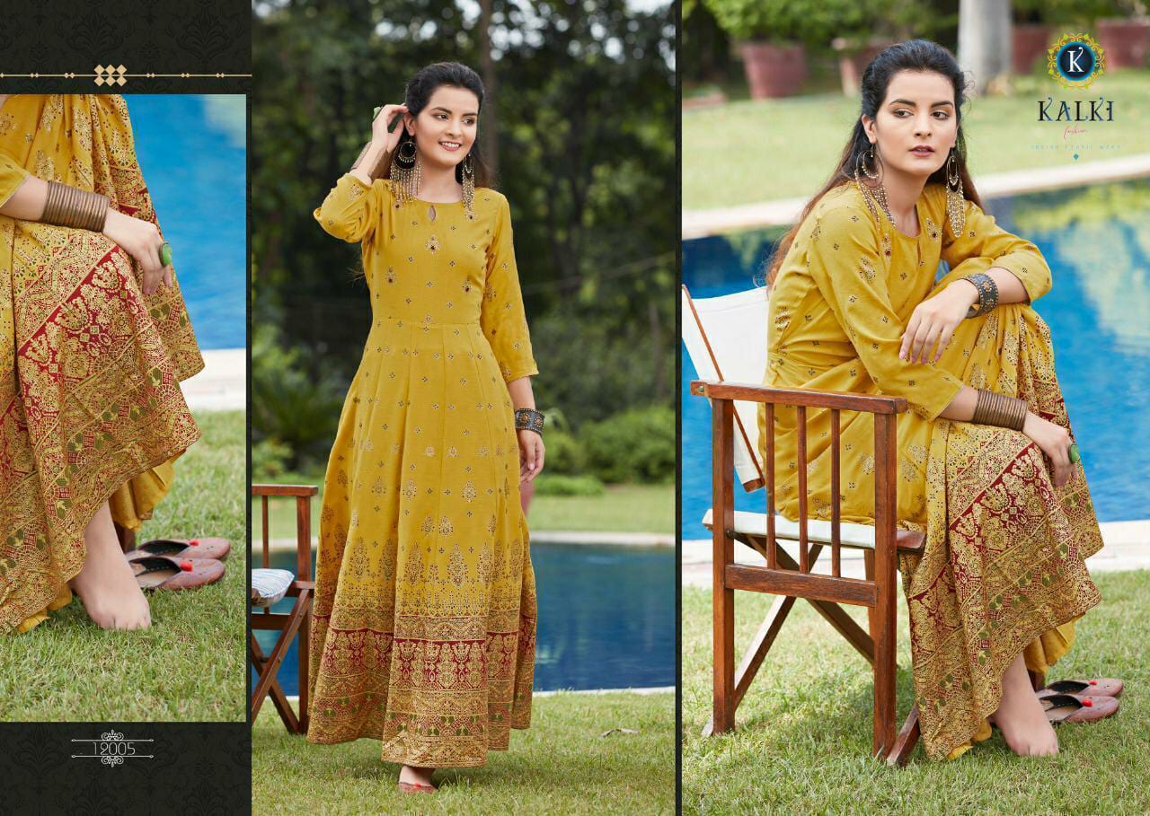 Kalki Fashion Womaniya Designer Gold Printed Partywear Rayon Gowns In Singles