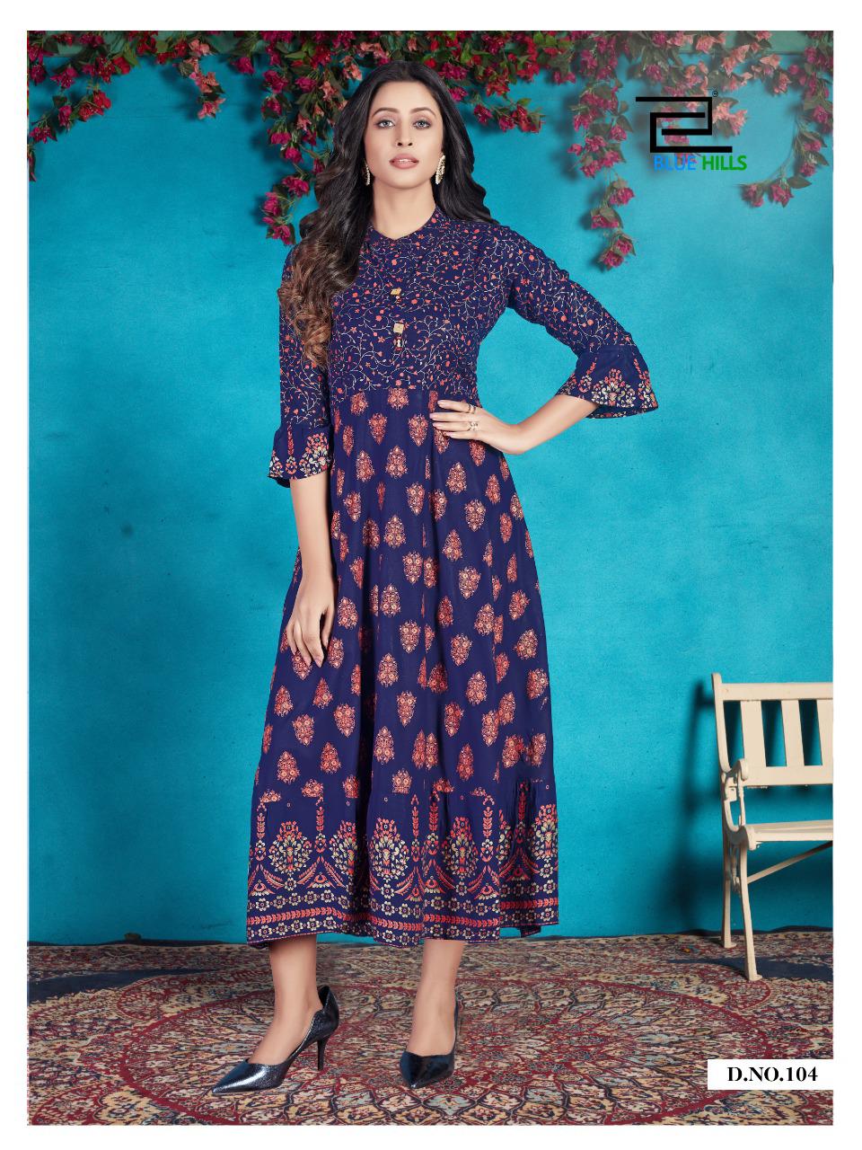 Blue Hills Classy Designer Party Wear Fashionable Mix And Match Rayon With Gold Print Kurti Wholesale