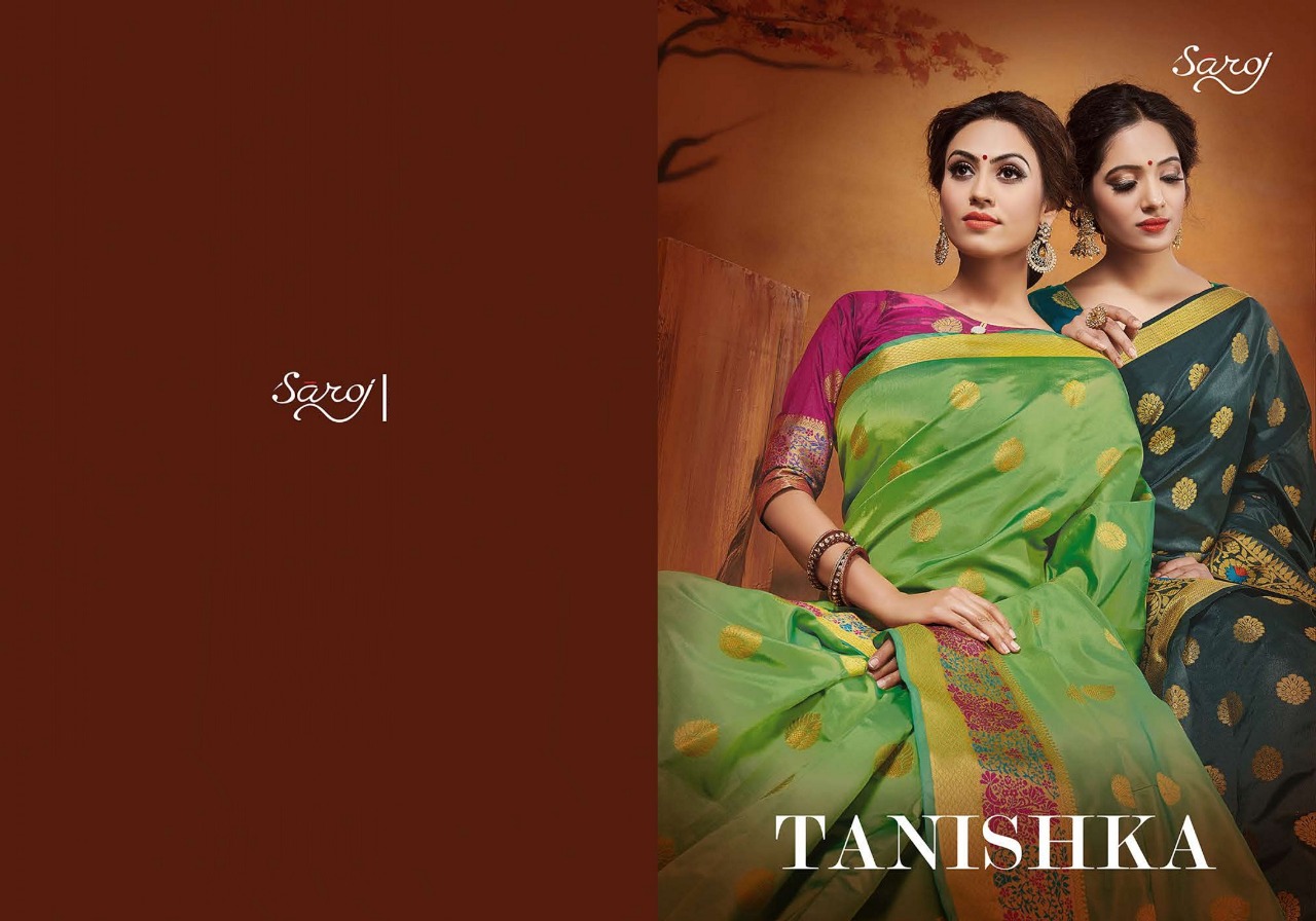 Tanishka Saroj Saree Designer Silk With Weaving Hutta Party Wear Heavy Embroidery Saree Wholesale