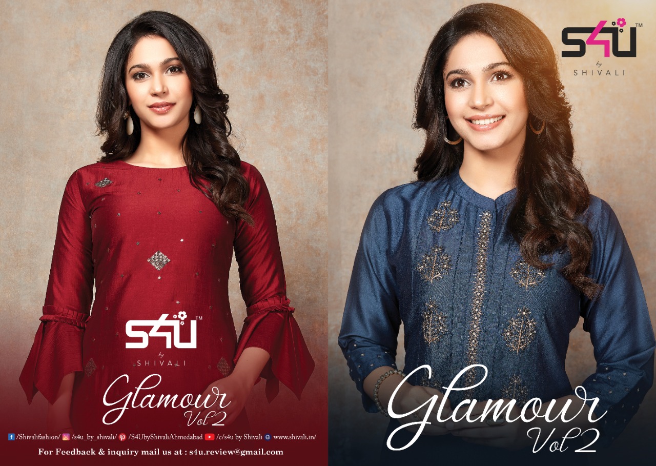 S4u Glomour  Vol 2 Designer Chinon Silk Embroidery With Premium Cotton Wedding Wear & Party Wear Kurtis Plazzo Collection In Best Wholesale Rate