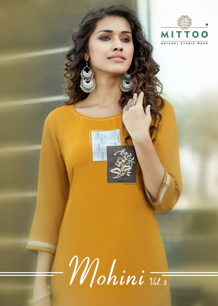Mittoo Mohini Vol 5 Designer Rayon Stitche Outdoor Wear Kurtis With Cotton Lycra Printed Pants In Best Wholesale Rate