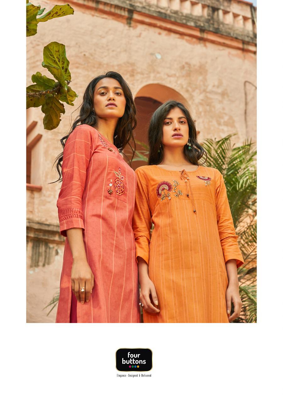Four Buttons Peach 2 Cotton Stripes Embroideries And Trims Designer Kurti & Pants Wholesale In Best Rates