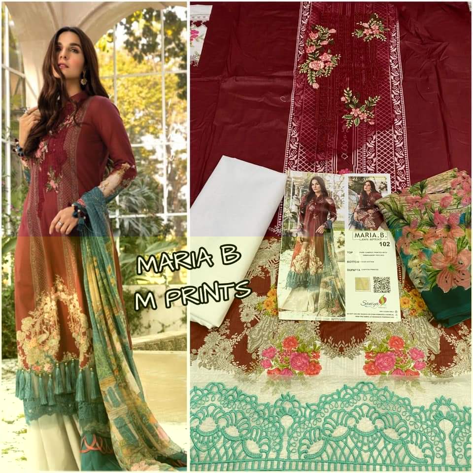 Saniya Trendz Mariya B Lawn M Print Designer Cambric Cotton With Embroidery Patches Pakistani Pattern Suits In Singles