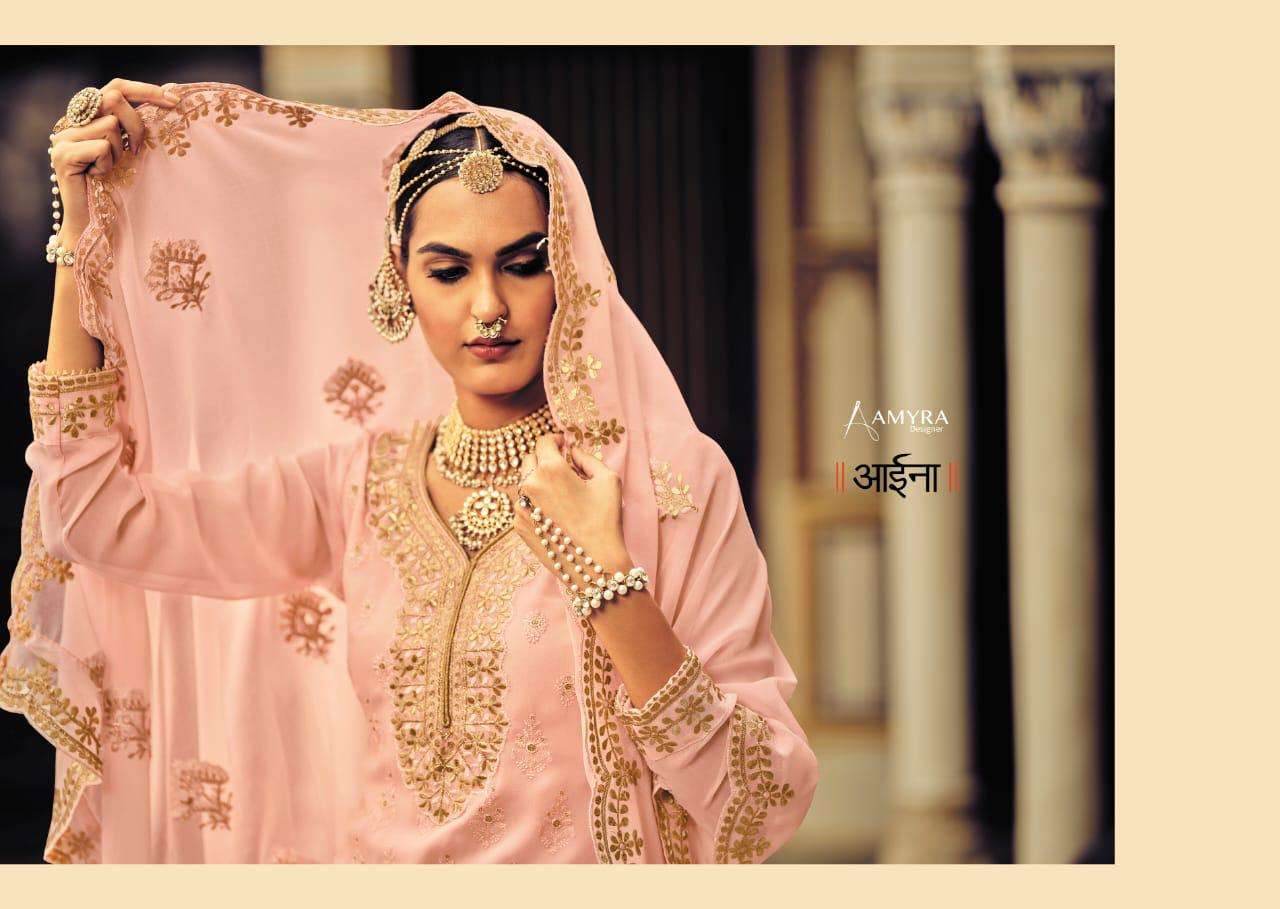 AMYR AAINA VOL 5 DESIGNER PURE GEORGETTE WITH HEAVY EMBROIDERY WORK PARTYWEAR SUITS WHOLESALE