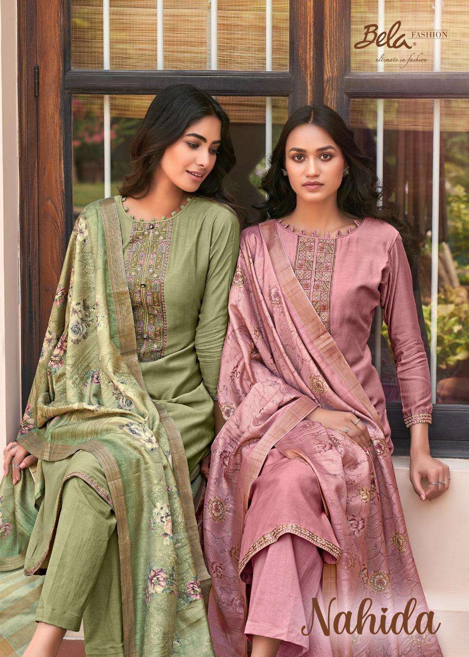 BELA NAHIDA DESIGNER VISCOSE MUSLIN WITH DIGITAL PRINT AND EMBROIDERY WORK PARTYWEAR SUITS WHOLESALE