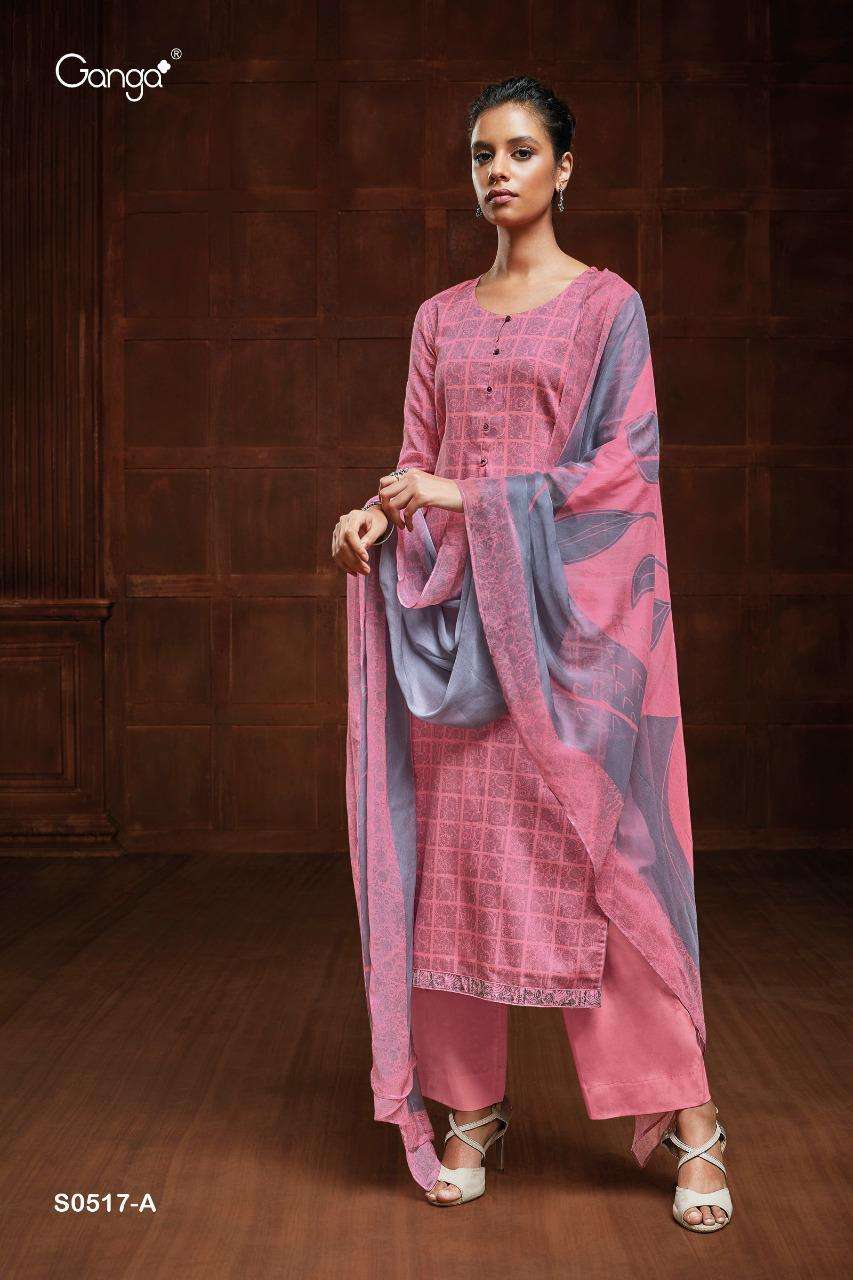 GANGA YANA 517 DESIGNER COTTON SATIN PRINTED WITH HAND CRAFTED BUTTON WORK SUITS WHOLESALE