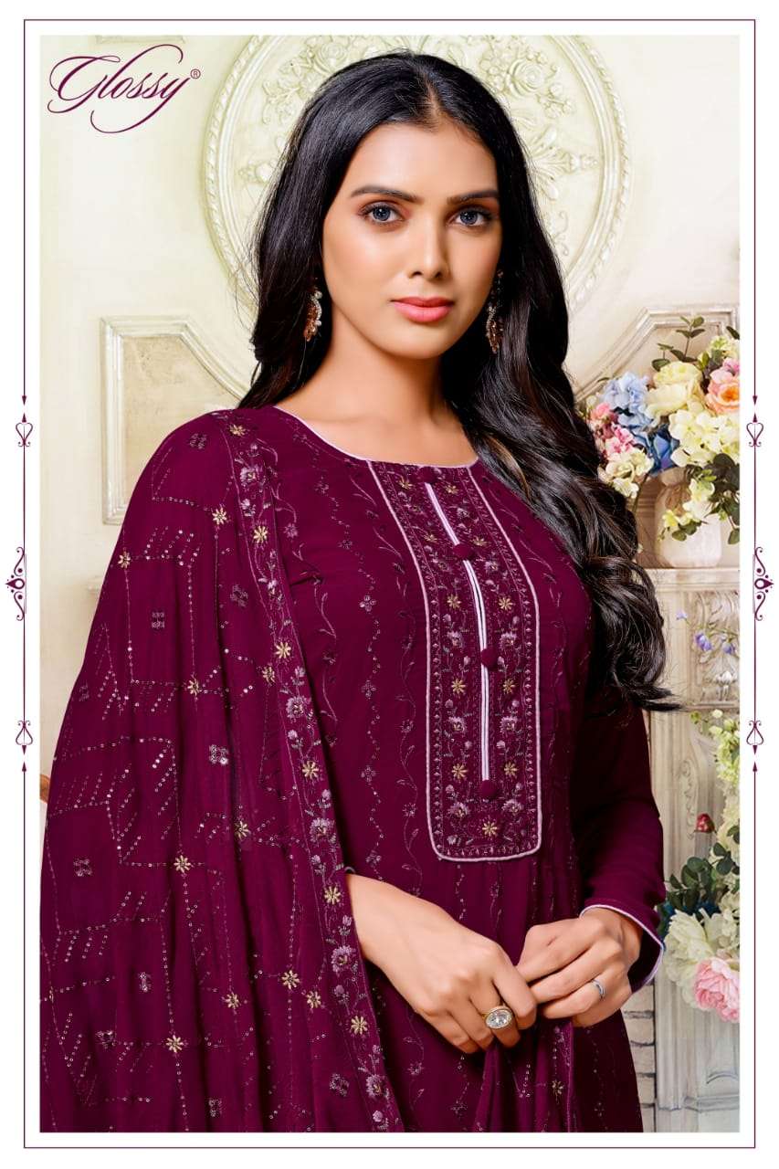 GLOSSY 6802 DESIGNER PURE GEORGETTE WITH EMBROIDERY WORK AND SEQUENCE WORK PARTYWEAR HEAVY SUITS WHOLESALE